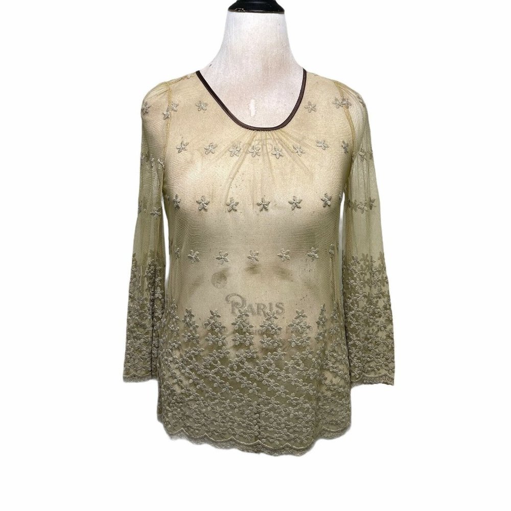 Anthropologie RYU Embroidered Top Sm Scalloped BOHO Bell Sleeve Overlay Blouse